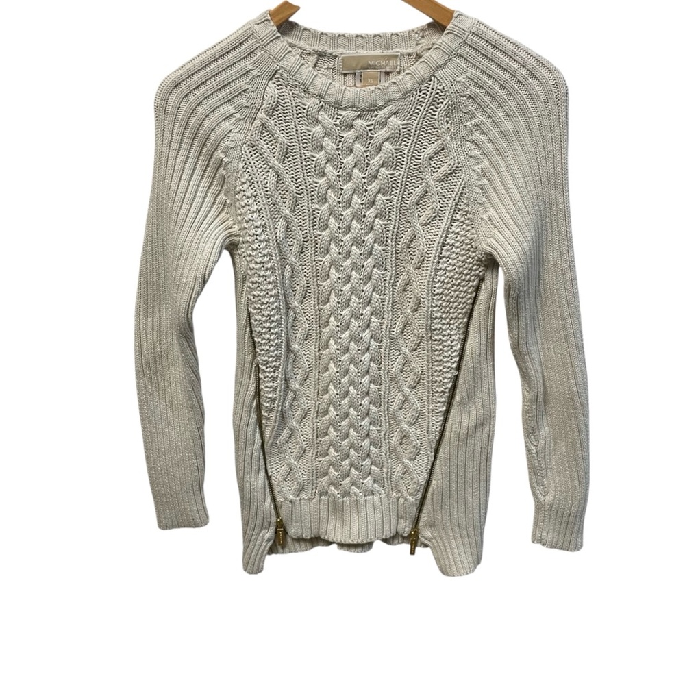 Michale Kors Women's Cream Cable Knit Sweater Double Zipper Detail XS X-Small